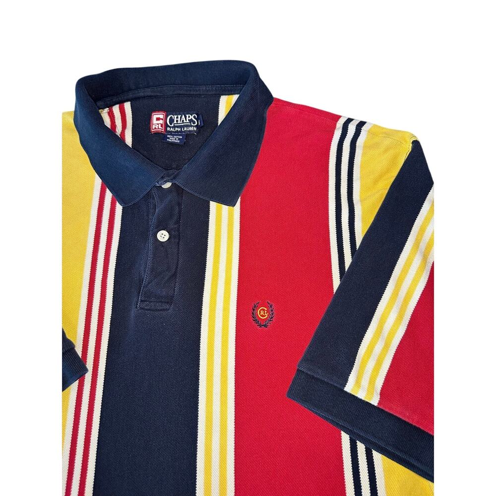 Vintage Chaps Ralph Lauren Striped Polo Shirt Mens XLT Red Yellow Navy RL Logo